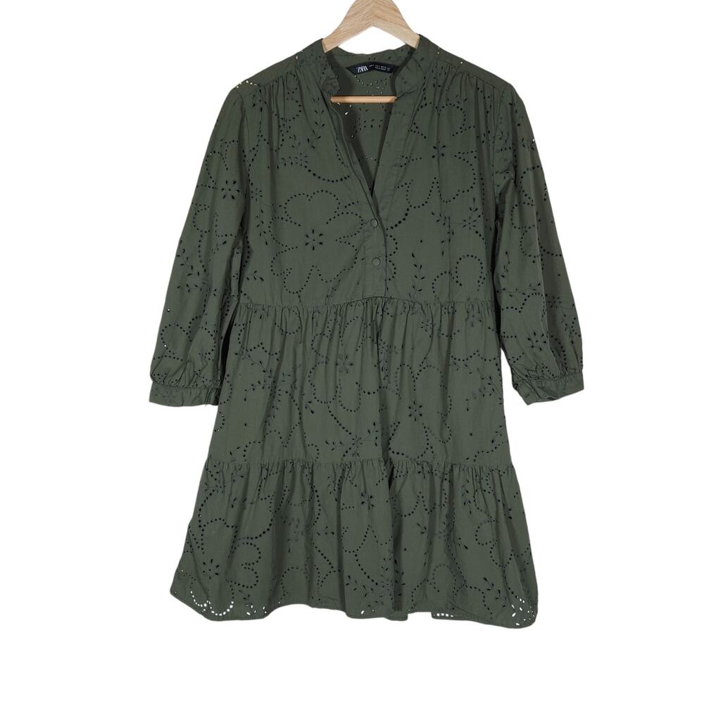 Zara Womens Dress Small Green Floral Eyelet Embroidered Mini Long Sleeve Tiered
